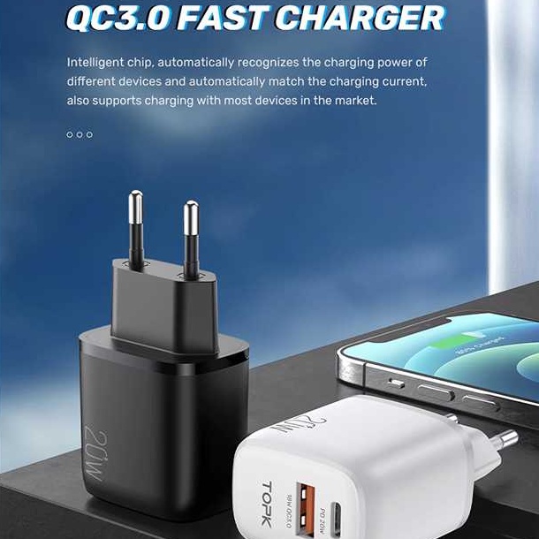 TOPK Charger USB Type C PD QC3.0 2 Port 20W - B210P Warna Putih TOPK B210P 20W Quick Charge 3.0 USB Type C PD Charger For iPhone 12 Pro Max Xiaomi USB C Fast Charging Travel Wall Phone Charger