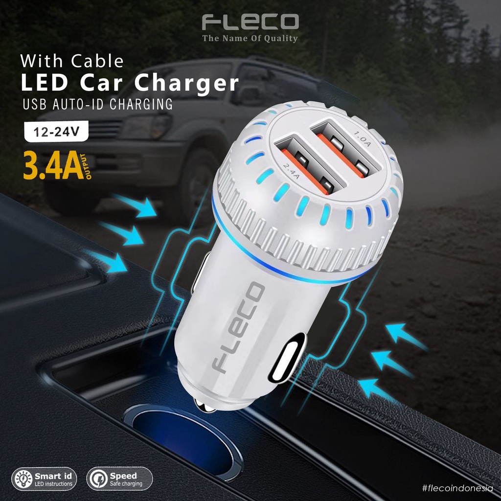 Car Charger FLECO F-87 Saver Colokan Mobil 2 Ports QC3.0 3.1A Qualcomm Black White