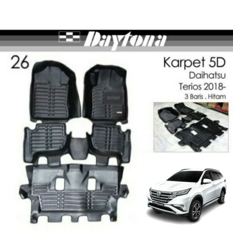 Karpet 5D Mobil All New TERIOS 2018-Up Carpet Exclusive Custom Fit 3 Baris Hitam 5D MAT DAYTONA