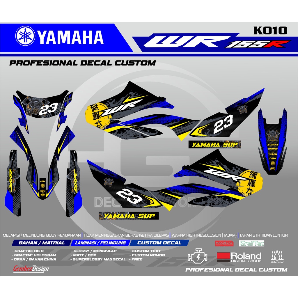 SRICKER DECAL YAMAHA WR155 FULLBODY SUPERMOTO BIRU KUNING KODE 010A