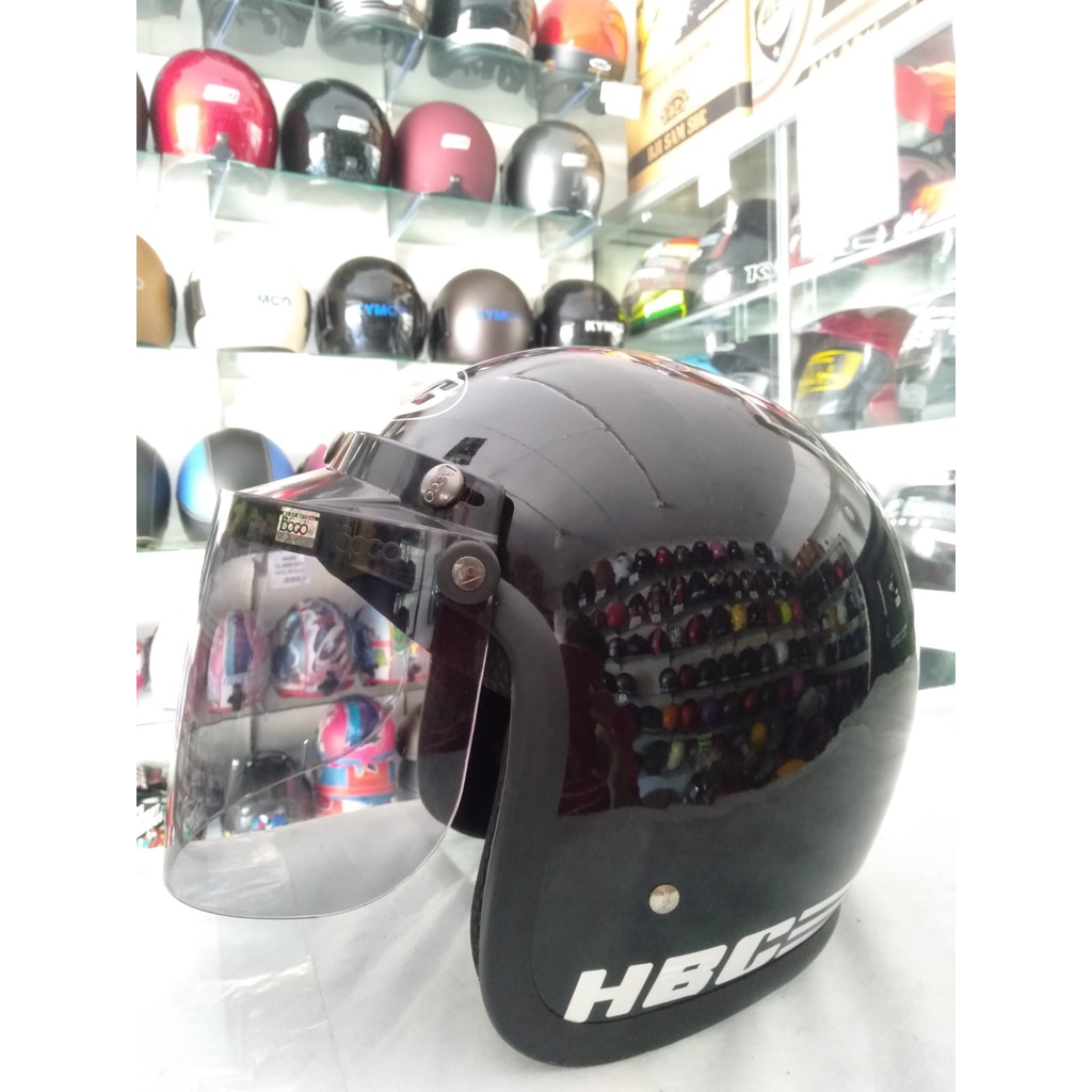 HBC Polos Helm Half Face Kaca Bogo Datar Original Hitam Glossy Standar Keamanan SNI COD+KardusBubble