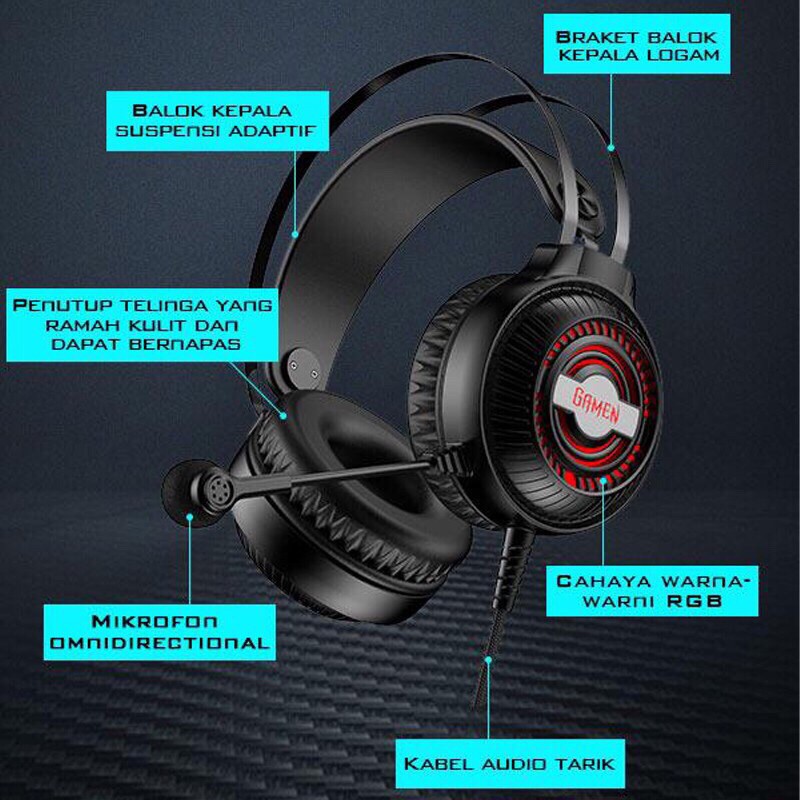 GAMEN GH2100 3.5mm Audio Jack Input RGB LED Light Braided Wire Gaming Headset Black-Garansi 1 Tahun