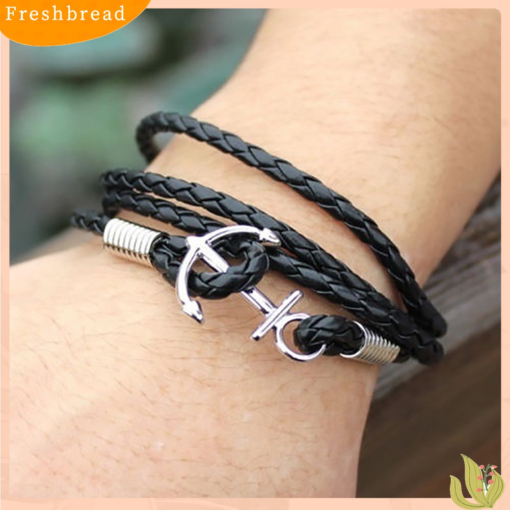 ? Fresh ? Gelang Bangle Kulit Imitasi Kepang Multilayer Motif Jangkar untuk Pria