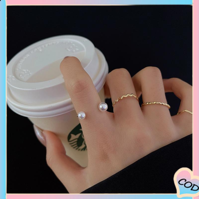 COD❤️ 4 Pcs/set Korea Cincin Emas Untuk Wanita Sederhana Mutiara Elegan Cincin Set Dapat Disesuaikan Terbuka Perhiasan Hadiah-A.one