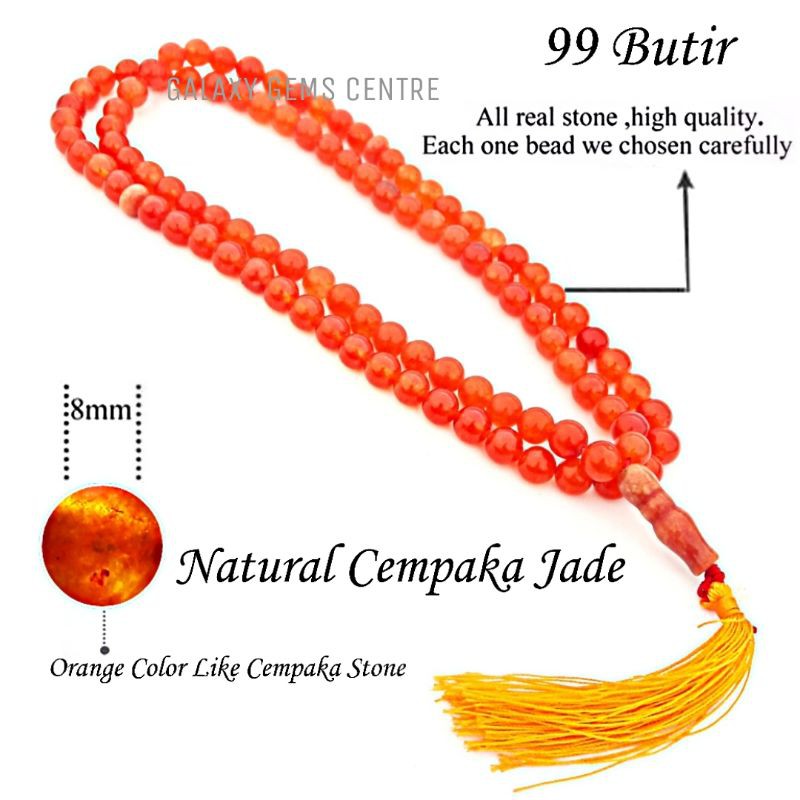 Tasbih Batu Cempaka Jade Orange Jade 99 Butir Original
