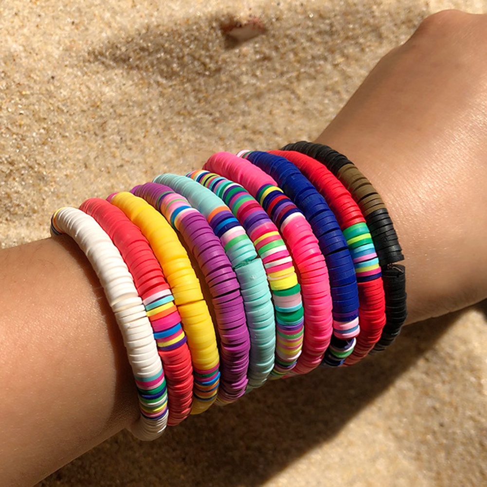 Hu Hu Hu Hu Hu Alat Bantu Pasang Kacamata♡ 5 / 7Pcs Gelang Manik-Manik Polymer Clay Warna Pelangi Gaya Boho Untuk Wanita