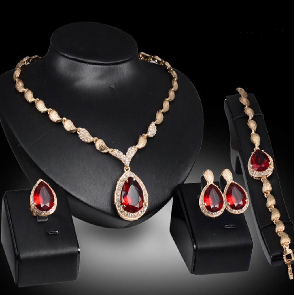 OW@ Jewelry Set Artificial Crystal Elegant Women Water Drop Shape Necklace Earrings Set for Party