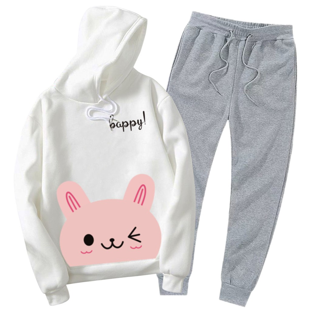 BESS - Setelan Hoodie Wanita Murah / Setelan Hoodie + Jogger Abu - HAPPY CAT