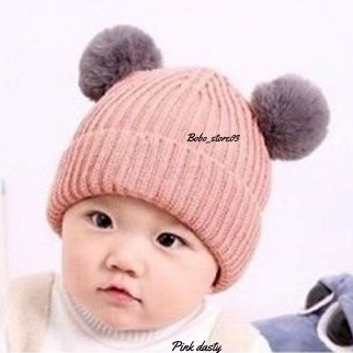 Kupluk Pompom Anak Bayi Cewek Cowok Polos / Kupluk Bayi laki laki perempuan usia 0-2,5 tahun-Pink dasty