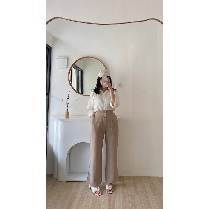 Kimmy Highwaist Cullote Pants  Wide Leg Linen Cullotes  Celana Panjang Linen Kulot Wanita-Coffee