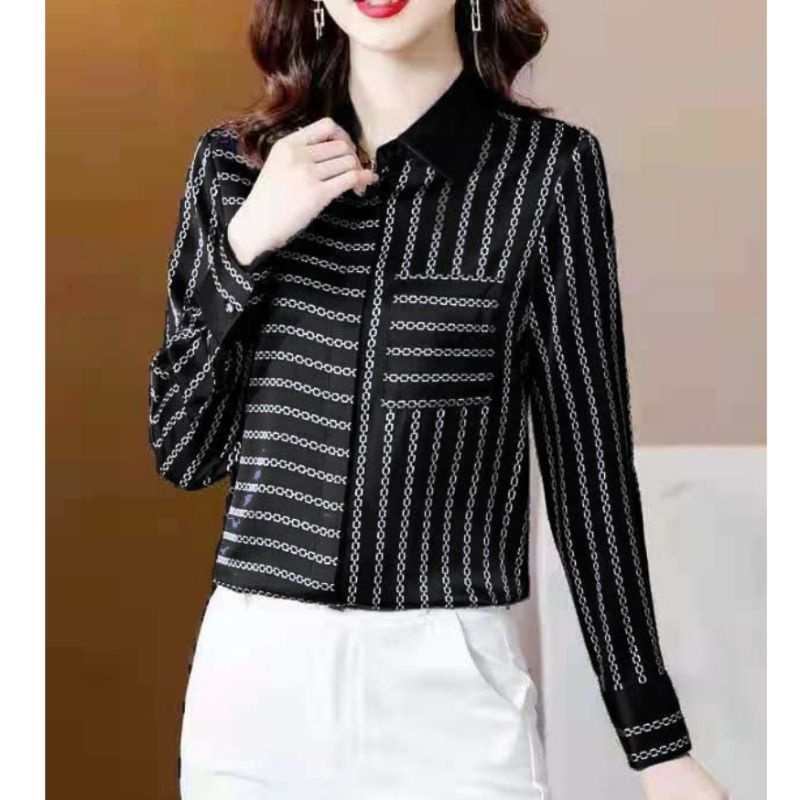 MDLV ~ 7122 Versania Hidden Button Shirt Women Line Shirt Premium Kemeja Garis Kemeja Satin Premium Kemeja Satin Lengan panjang Kemeja Casual Kemeja wanita Fashion Import