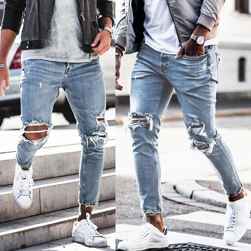 Loeay Mens Straight Fit Jeans Street Wear Hip Hop Punk Skinny Stretch Denim Jeans Casual Pants Spring Pencil Trousers Streetwear 