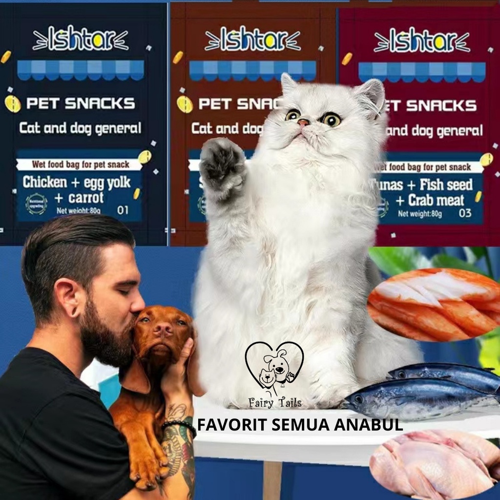 Snack Anjing dan Kucing Makanan Basah Dengan Daging Asli Premium Kemasan Kantong Pouch (Ishtar) Seafood , Ayam , Ikan , Kuning Telur Pengganti Makanan Hewan Kaleng Anjing (Kemasan Lebih Ramah Lingkungan) | Dog Wet Food with Real Meat