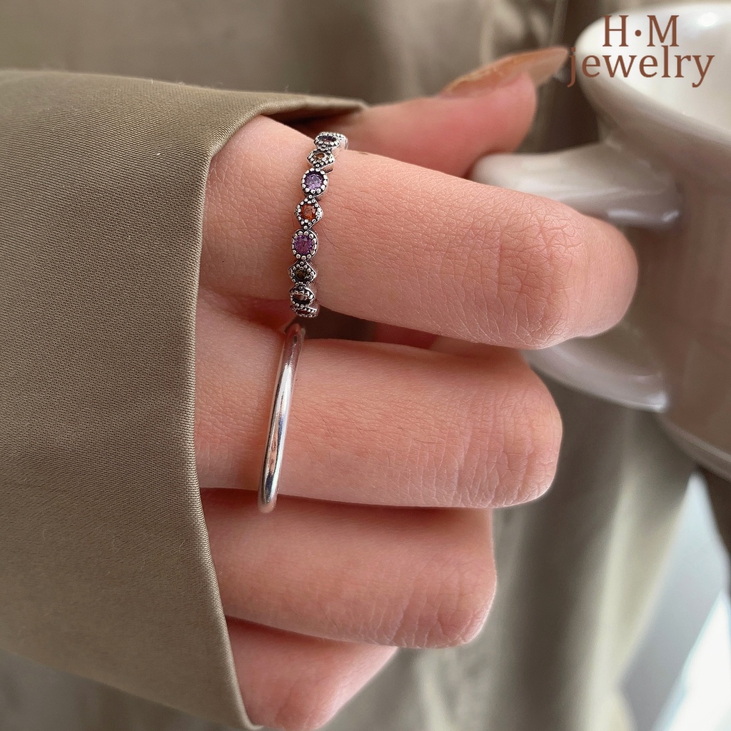 Cincin Silver S925 Model Terbuka Aksen Zircon AAA Warna Pelangi