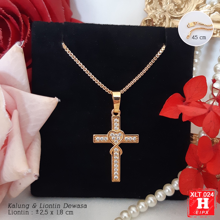 XLT 024  Kalung Salib Yesus Kristus Permata Zirkon Perhiasan Imitasi Lapis Emas 18K Aksesoris Rohani Kristen Katolik Rosario Luxx Xuping