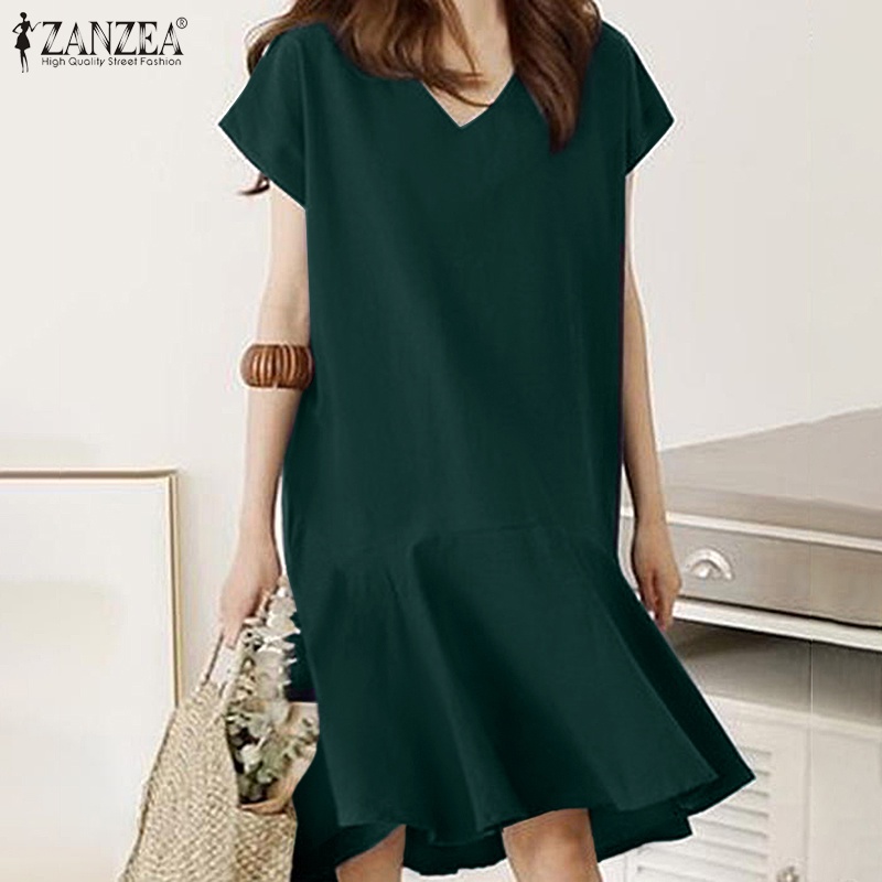 ZANZEA Women Fashion Dress Summer Cotton V Neck Solid Holiday Casual Baggy Mini Dress