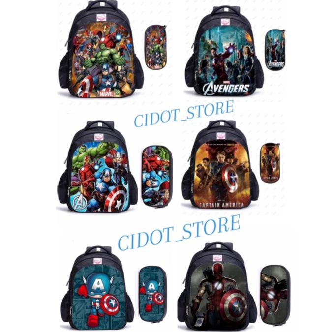 Tas ransel fashion anak sekolah AVENGER / tas backpack anak style karakter animasi 3D superhero / tas gandong / tas anak lucu free pouch