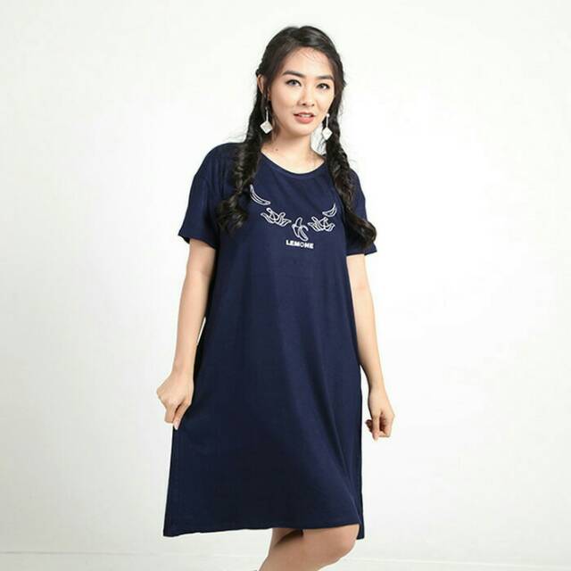 Dress Wanita Pendek Bergambar untuk Kerja Kuliah Santai Jalan Jalan Warna Biru Navy