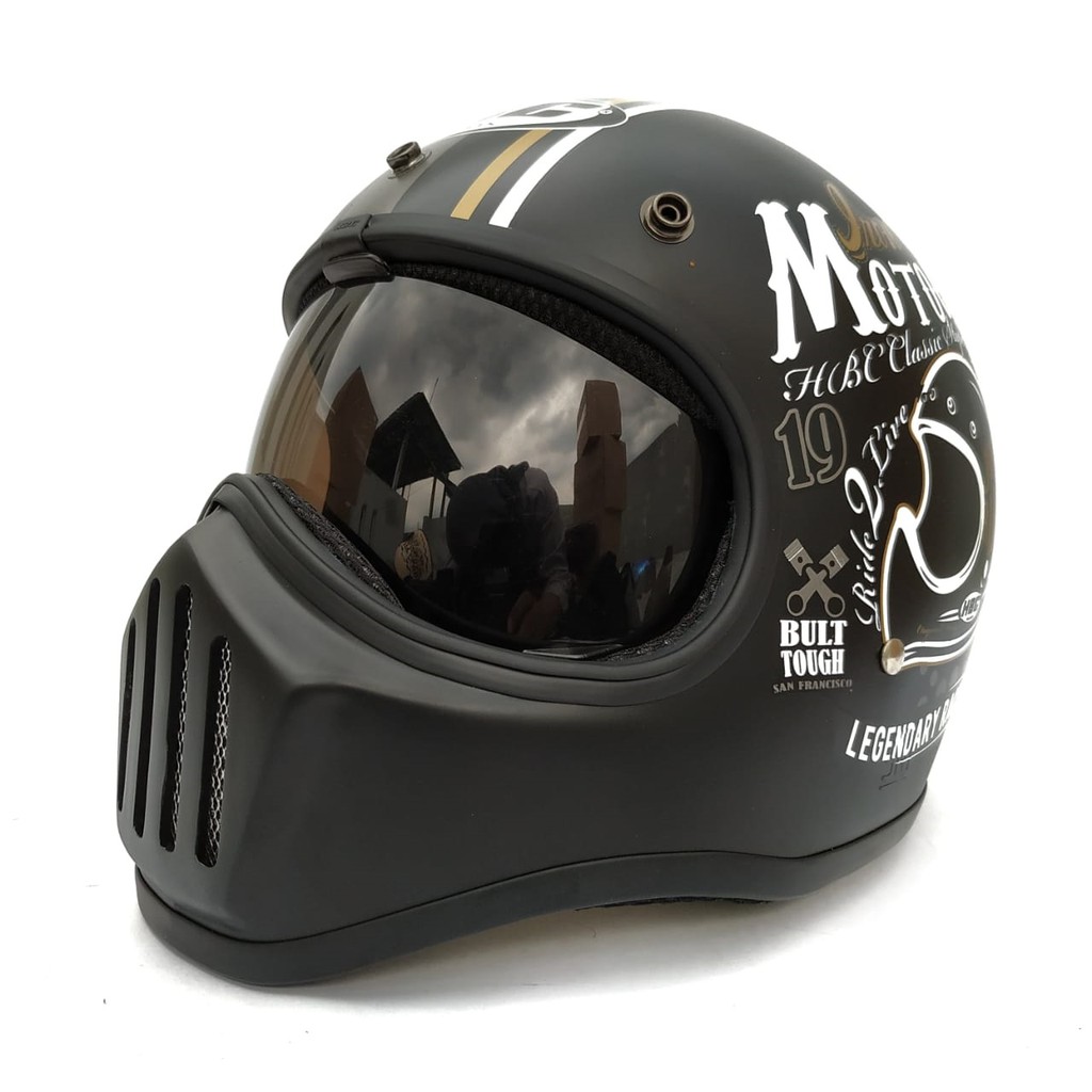 Helm Cakil HBC Just Ride Black + Inner Visor Chrome ( Fullface / Retro / Klasik / Vespa )