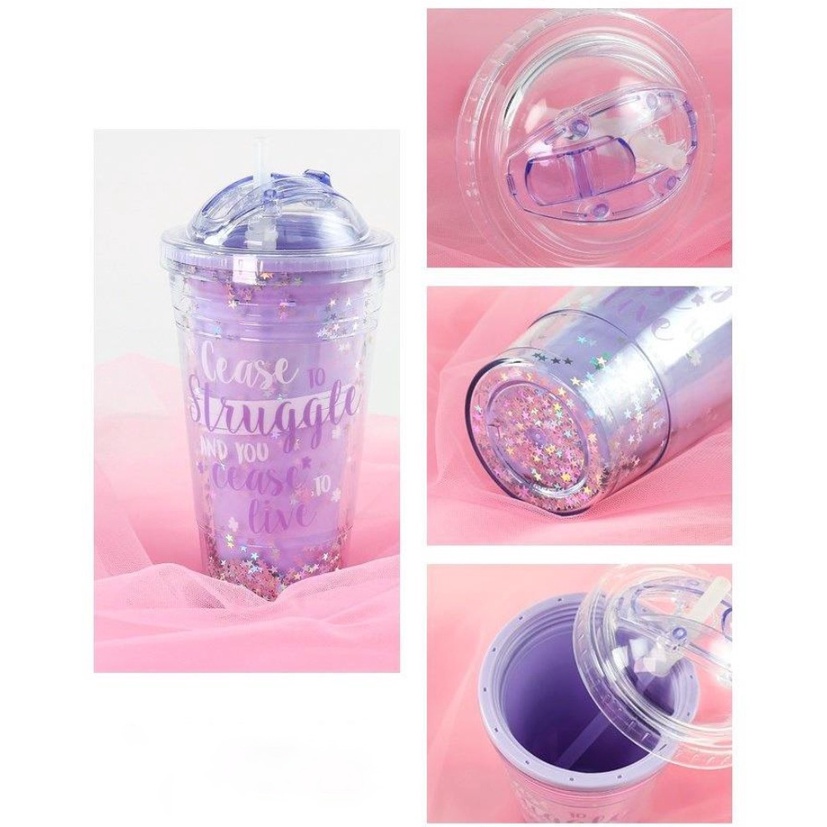 Botol Minum Gemoy Glitter Tumbler Gelas Botol Minum Air Sedotan - fw88