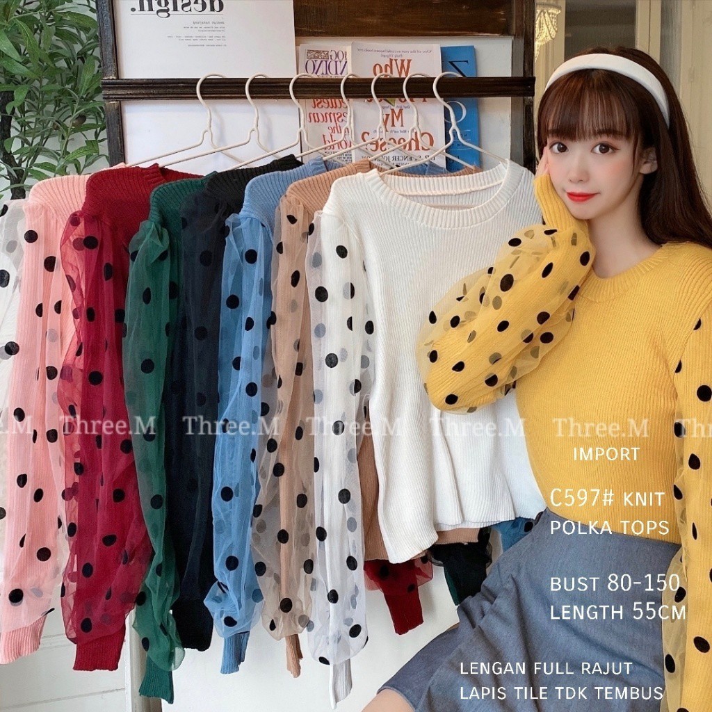 HOPYLOVY - Atasan Wanita Knit Polka Blouse Lengan Panjang Narima