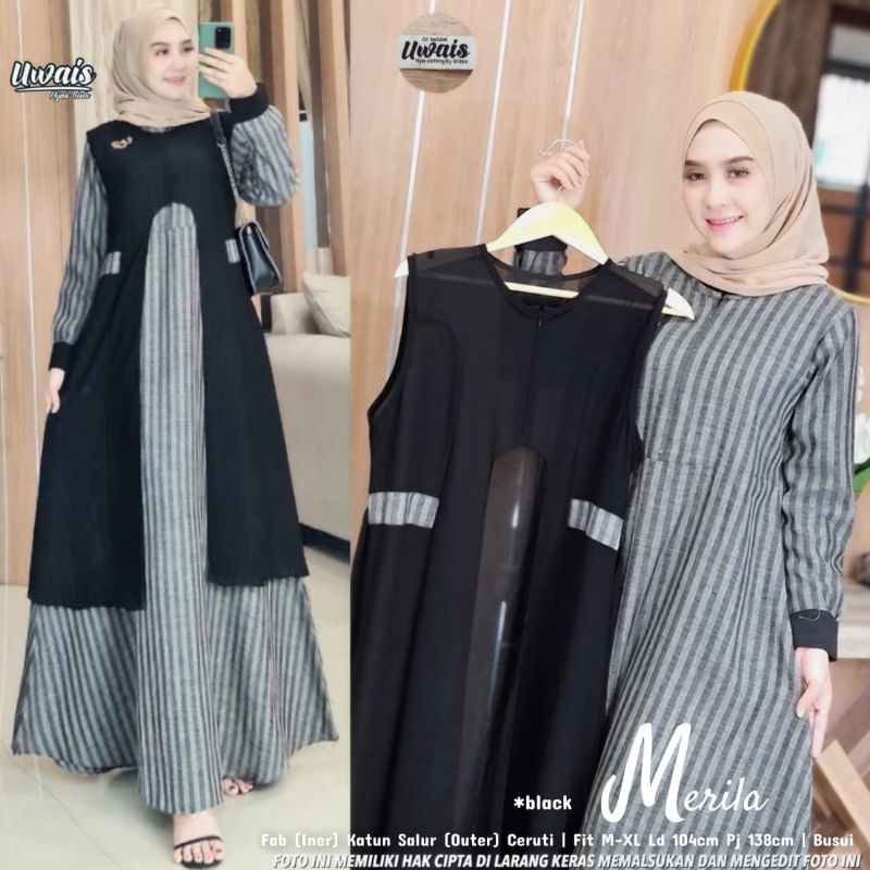 Merila Original By Uwais Gamis Set Outer Bahan Katun Salur mix Ceruty Busui
