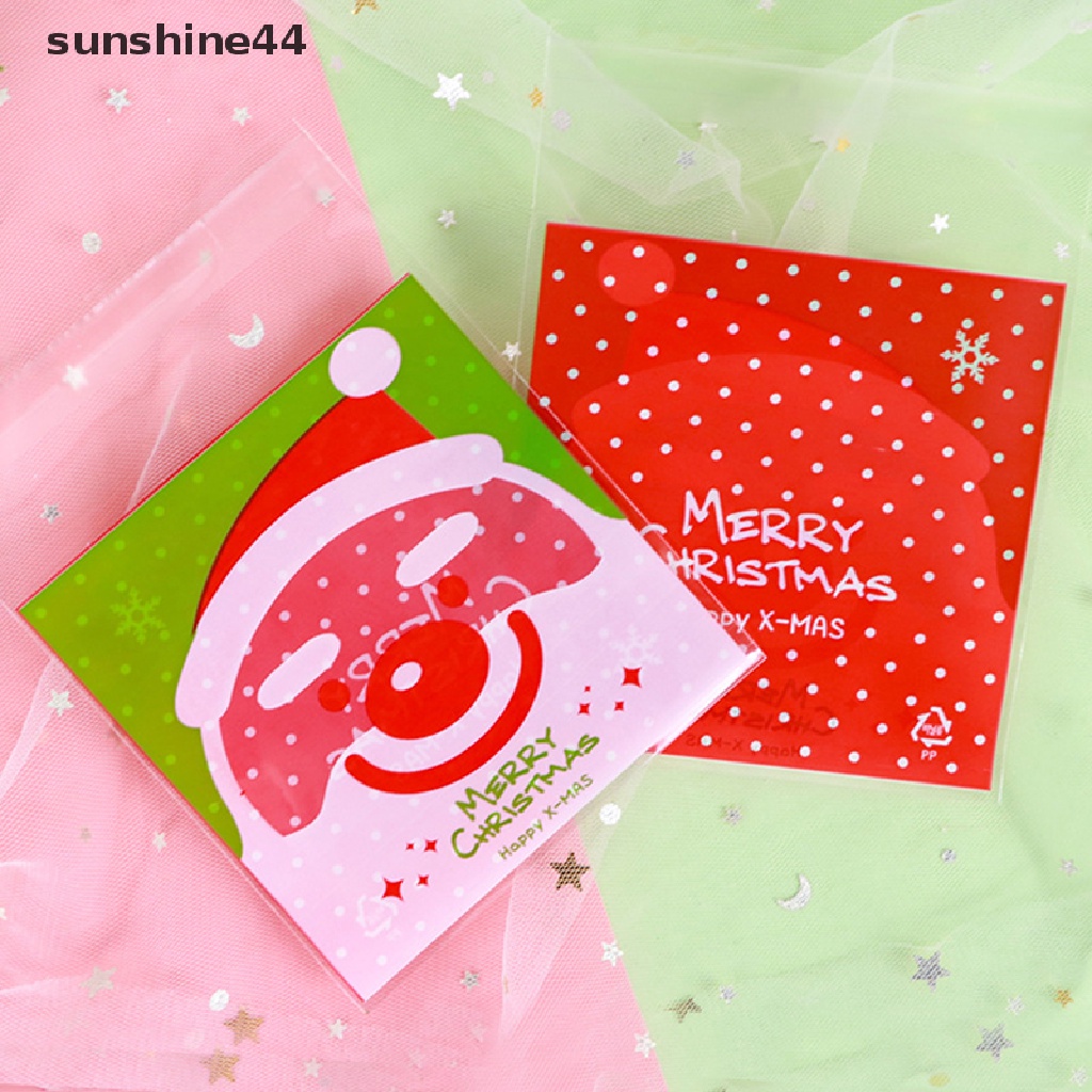 Sunshine 100pcs / Pak Kantong Plastik Kue / Permen Motif Merry Christmas Ukuran 10x10cm