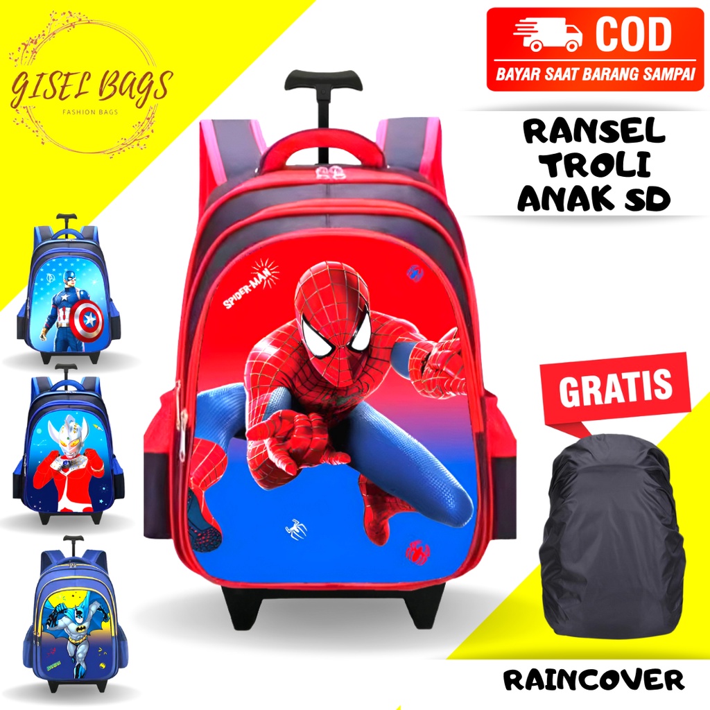 GB Tas ransel anak troli laki laki SD gambar karakter superhero timbul tas troli anak import