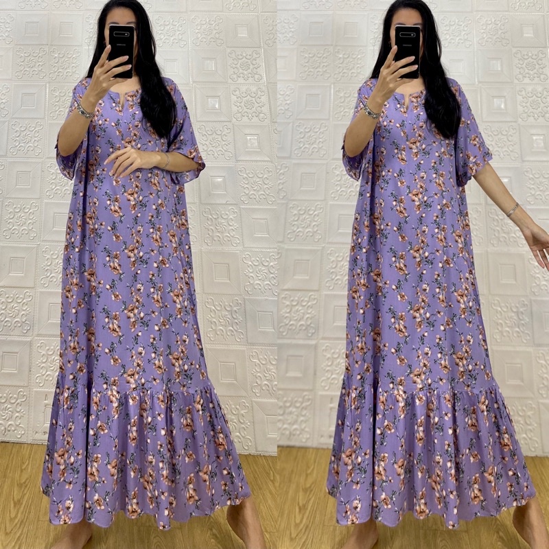 daster MONA tangan 3/4 PB 130cm /daster panjang rempel tangan 3/4  JUMBO premium sleting /busui/rempel tangan 3/4/ tangan pendek/ tali grosir ecer SEMATA KAKI RAYON-Mona flower lilac