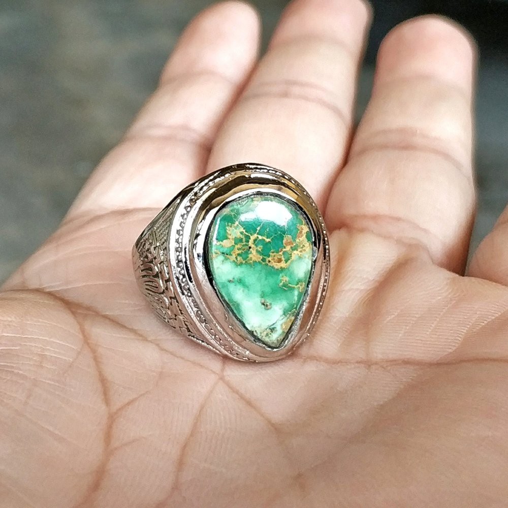 CINCIN BATU AKIK NATURAL PIRUS PERSIA HIJAU MOTIF TETESAN AIR