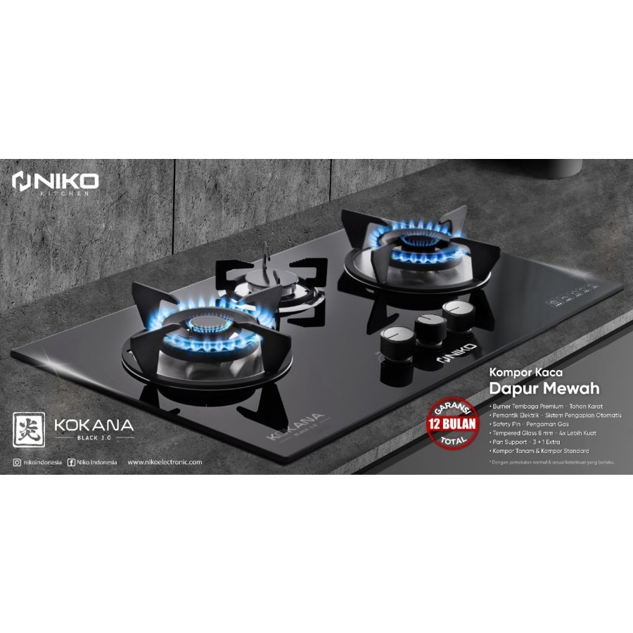 NIKO kompor Gas Kaca Tanam 3 Tungku Kokana 3.0 Black - Garansi Resmi 1 Tahun