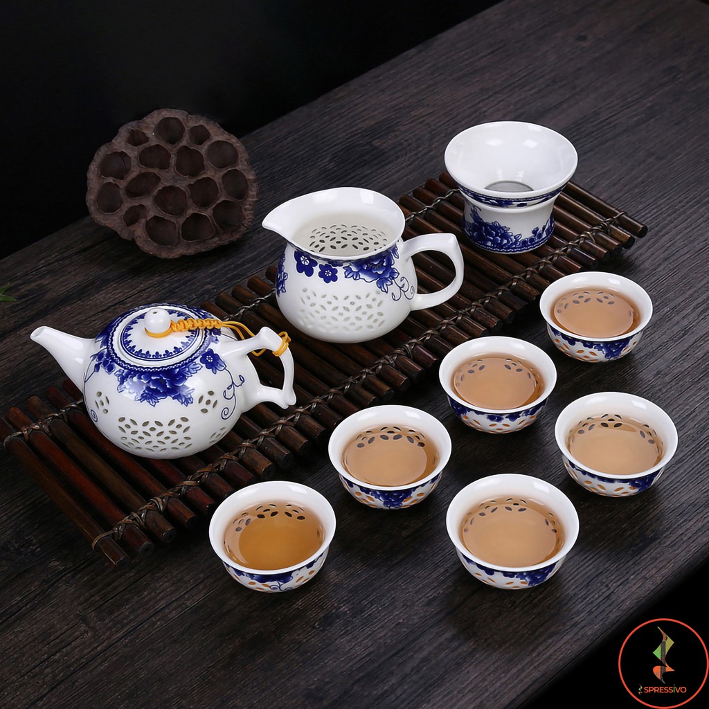 Teko 200ml + 8 Cangkir Saringan teh keramik blue &amp; white chinese tea set [1003]