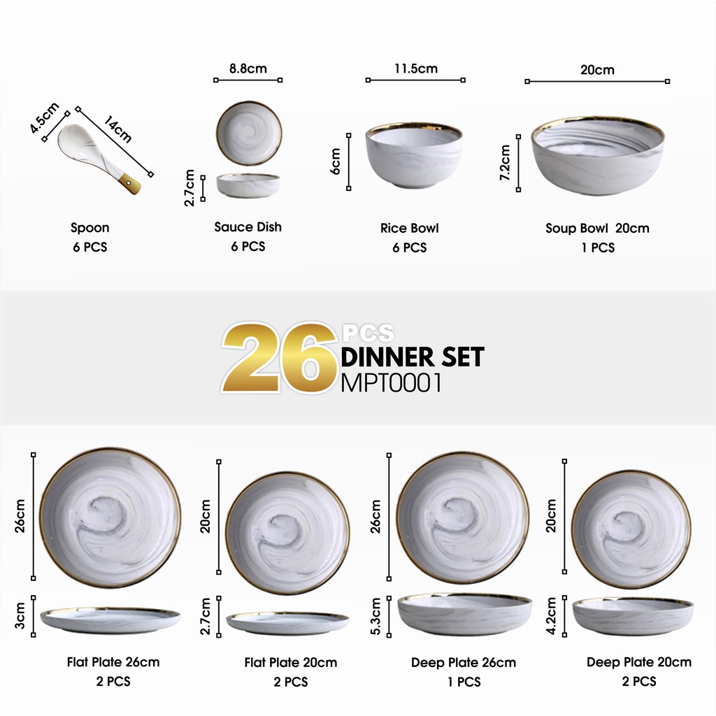 Set 18 &amp; 26 PCS Piring Mangkok Mangkuk Makan Keramik Bowl Set Marble Marbel Plate Gold Rim