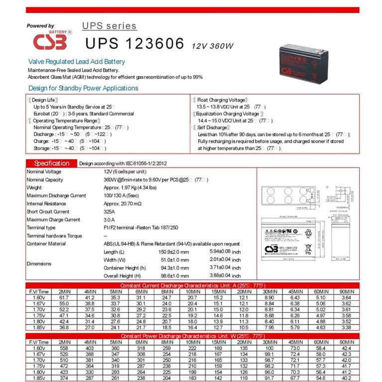 BATTERY UPS OR AKI KERING UPS CSB 12360-6 12360 123606 F2 12V 6AH SLIM