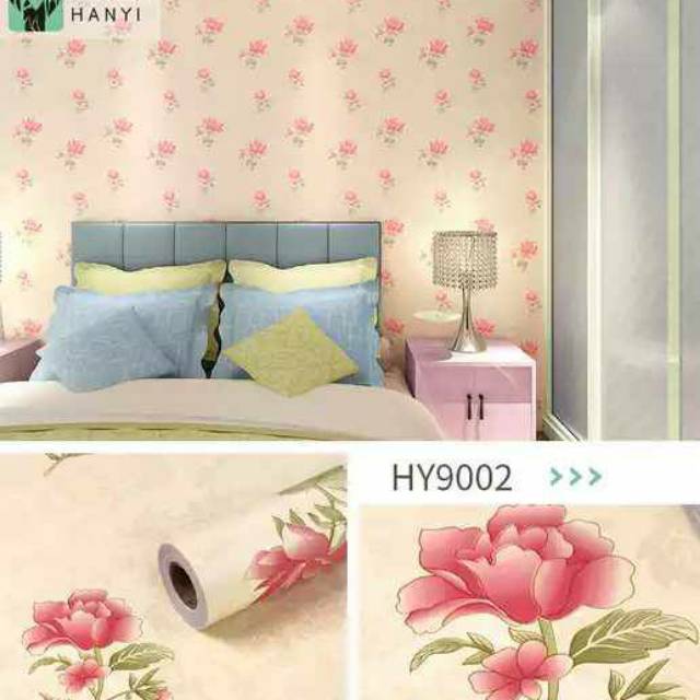 WALLPAPER DINDING MOTIF BUNGA ROSE DASAR CREAM 10m x 45cm