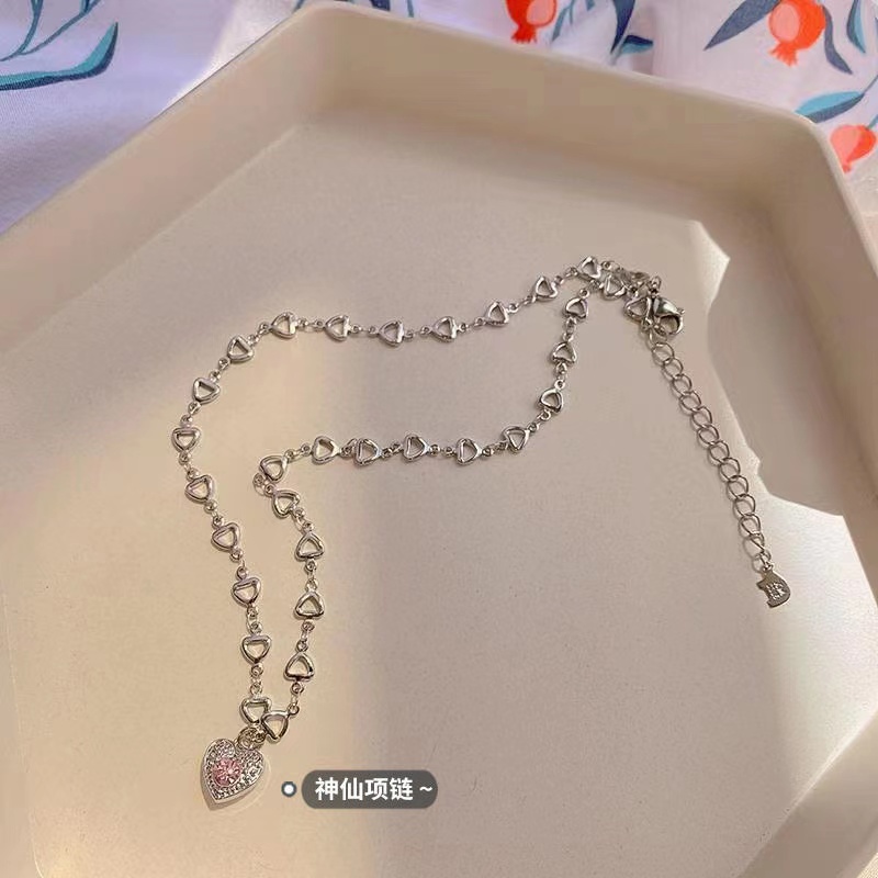 IFYOU Kalung Choker Desain Hati Warna Pink Bahan Silver Untuk Wanita
