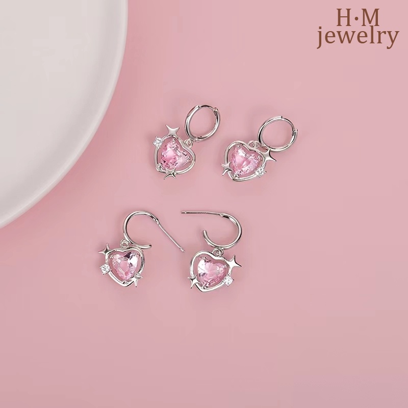 Anting Tusuk Bentuk Hati Aksen Berlian Imitasi Warna Pink Untuk Wanita