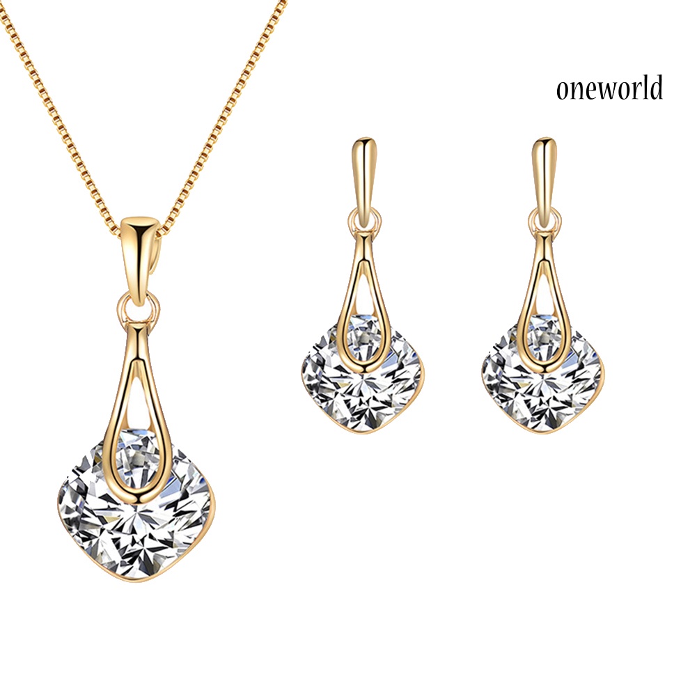 OW@ Water Drop Pendant Square Rhinestone Ear Stud Earrings Necklace Lady Jewelry Set