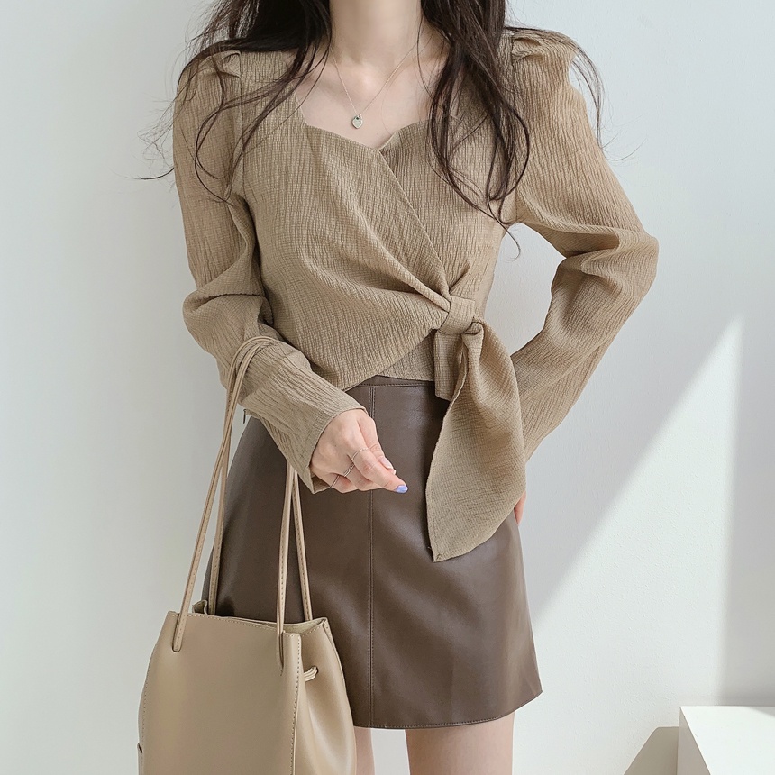 korean style Crinkle Blouse Import/ kemeja wanita import crop blouse/kaos hitam/kaos putih/Kemeja wanita style Prancis katun cron kerah POLO
