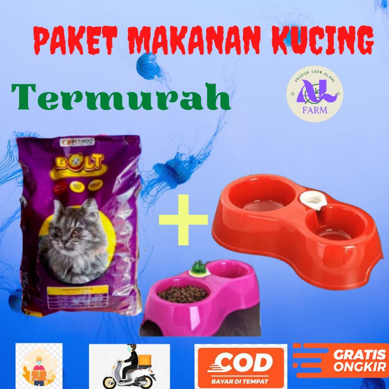 Paket pakan kucing BOLT plus tempat makan minum kucing otomatis ALFARM