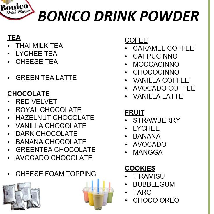 

Terbaru dan terlaris BONICO BANANA CHOCOLATE powder 500gr Bubuk minuman PISANG COKLAT drink powder ICE BLEND SHAKE serbuuu !