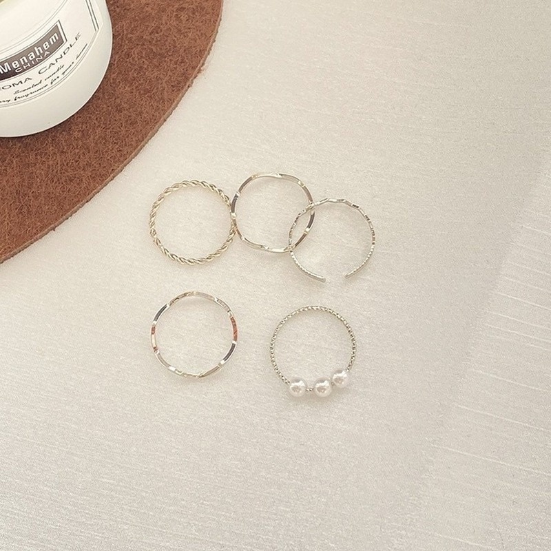 5pcs / Set Cincin Jari Bahan Logam Hias Mutiara Bentuk Geometri Adjustable Untuk Wanita