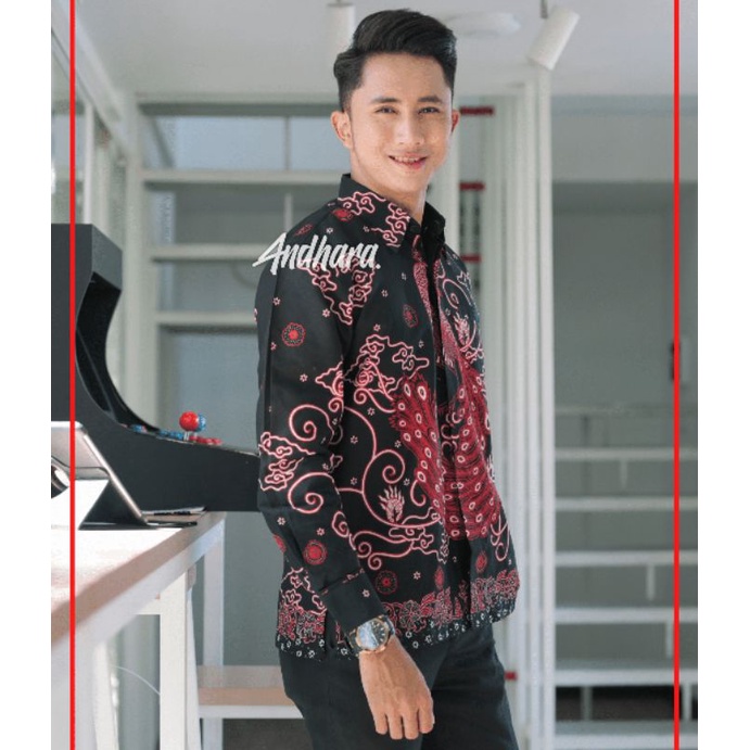 Baju Batik Pria Lengan Panjang Modern  Slimfit Kasual Premium MERAK MERAH