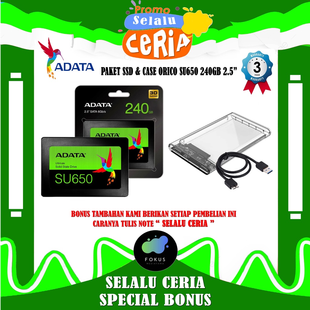 PAKET SSD DAN Case Orico 2139U3 ADATA SU650 240GB Ultimate 2.5 Sata III