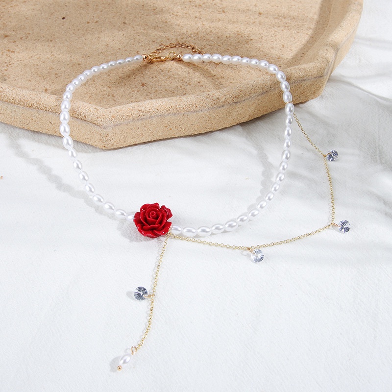 Kalung Rantai Dengan Liontin Bunga Mawar Merah + Mutiara + Berlian Imitasi Untuk Wanita