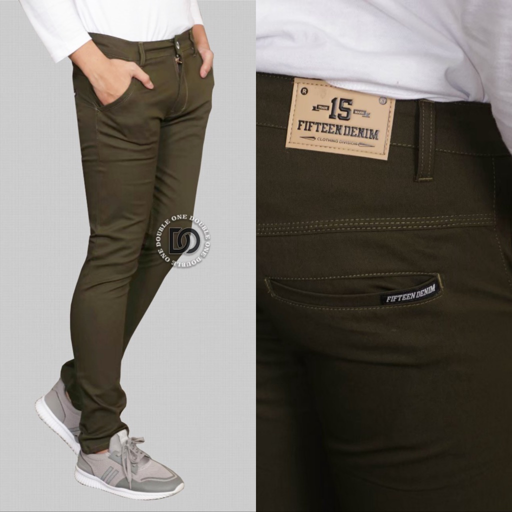 DOUBLE ONE - Celana Chino Panjang Original FIFTEEN DENIM / Chino Panjang Pria / Celana Chino Panjang Cowok / Chino Pants Kasual / Celana Panjang Pria Katun Stretch Hijau Army