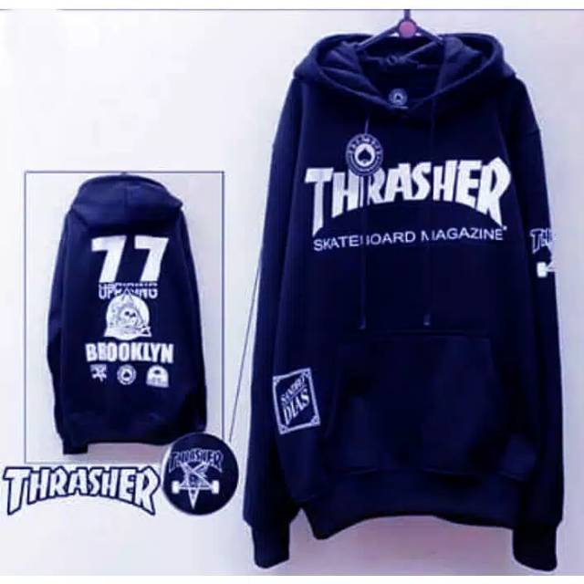 Size L XL XXL - GRADE ORIGINAL SUPER PREMIUM - Jaket Sweater Hoodie THRASHER Navy Fleece Tebal