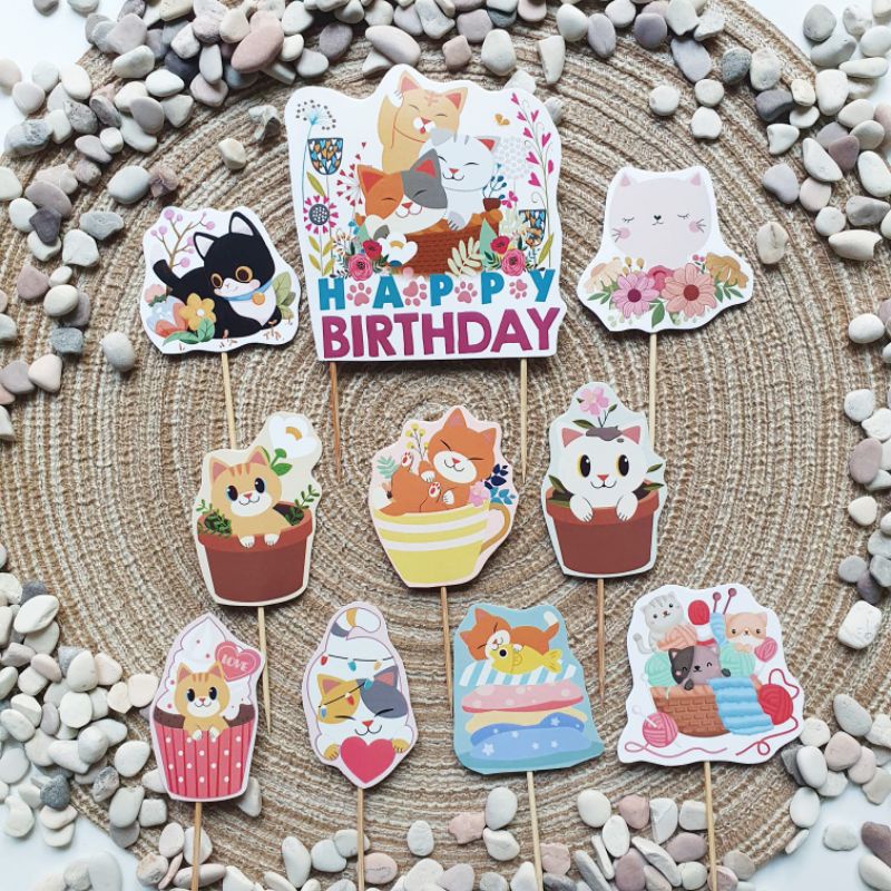 hiasan kue ulang tahun cake topper karakter Aneka Kucing