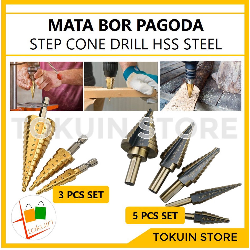 Mata Bor Pagoda Cone Step Drill Bit HSS Besi Kayu Plastik Tingkat Set