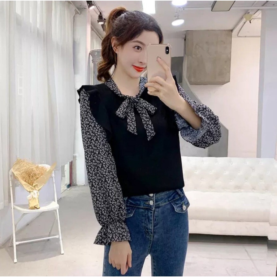 Belvy Tie Neck Knit Top | Belvy Combine Crop Top Wanita Korean Style